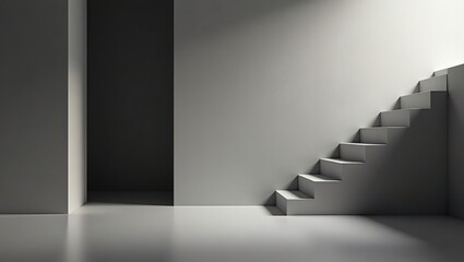 Poster - a minimalist interior shot featuring a staircase leading upwards, bathed in natural light, creating shadows