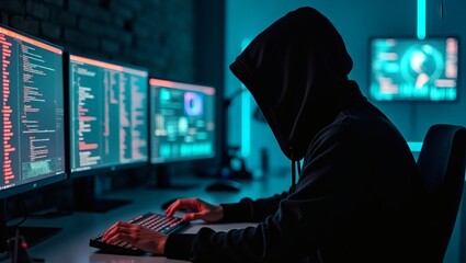 Poster - a hooded hacker working on multiple computer screens in a dimly lit room, typing intently and focusing on the digital world.