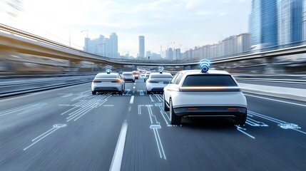 Poster - A fleet of futuristic autonomous electric vehicles traveling in a synchronized convoy on a busy urban highway