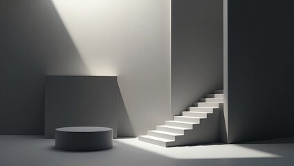 Poster - a minimalist interior architectural with stairs, podium, and strong light. The scene features a simple, modern design with a focus on geometric shapes and shadows