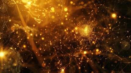 Poster - Discover a mesmerizing visual of ethereal nodes pulsating in a celestial expanse, illuminating the darkness with golden light, representing a dreamlike universe.