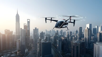 Poster - A futuristic aerial vehicle hovers above a modern city skyline utilizing advanced Lidar sensors for autonomous takeoff landing and seamless navigation through the urban landscape
