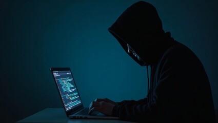 Poster - a mysterious hooded figure intently working on a laptop, the glow of the screen illuminating their face in a darkened room. A clear sense of focused determination can be felt