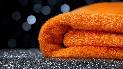 Poster - Neatly arranged towel on a wooden table with natural light highlighting its texture and color