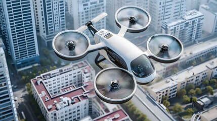 Poster - A futuristic flying vehicle equipped with advanced Lidar technology for autonomous takeoff landing and navigation through a dense urban cityscape