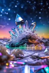 Poster - Colorful crystal formation with sharp points reflecting light under a starry sky at dusk