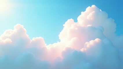 Poster - A tranquil and picturesque view of fluffy clouds in a vibrant blue sky. The clouds are illuminated by the sun