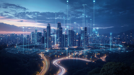 Poster - cyberpunk digital city. global cyberspace. 3d illustration of wireless internet technologies. databa