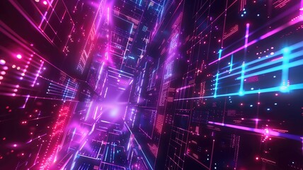 Poster - This abstract digital background features vibrant neon lights and geometric patterns, perfect for themes related to technology, blockchain, and innovation in a futuristic space.