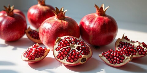Poster - freshly harvested pomegranates sitting on a white surface on a sunny day