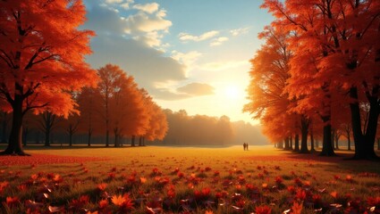 Poster - a captivating autumn landscape with vibrant orange foliage framing a path leading to a glowing sunset. The scene evokes warmth and tranquility