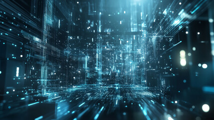 Poster - Big Data concept. Digital city, orbital station, teleport, portal 3D illustration. Innovation in hi-tech industry. Global Information Field. High-speed flight in abstract cyberspace