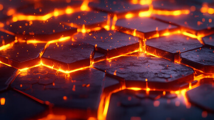 Poster - futuristic background consisting of flaming hexagons arranged on a plane. conceptual 3d illustration