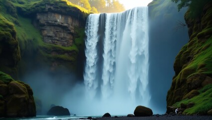 Poster - a majestic waterfall cascading down a cliff, surrounded by lush greenery. The water plunges into a misty pool below, creating a serene atmosphere