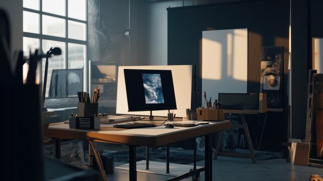Modern artist studio workspace with creative tools, bright colors, and inspiring atmosphere for artistic projects