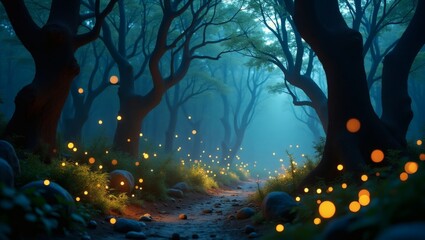 Poster - a mystical forest path glows with an ethereal light, enveloped in a dreamy atmosphere