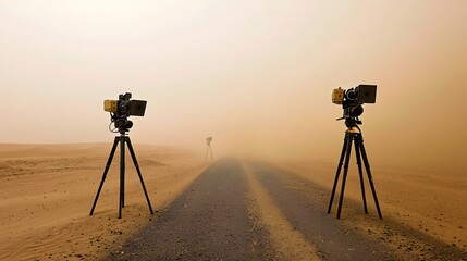 Fototapete - A remote desert road winding through a hazy dust filled landscape with scientific sensors mounted on dynamically adjusting to detect obstacles and collect data in the challenging conditions