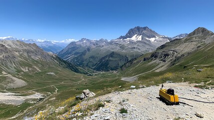 Poster - A remote rugged mountain landscape with a team conducting topographic and geological surveys using advanced scanning technology