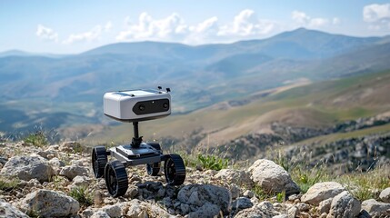 Poster - A robotic vehicle equipped with sensors and instruments navigating across a rugged mountainous landscape to gather geological data and map the terrain for scientific research and resource