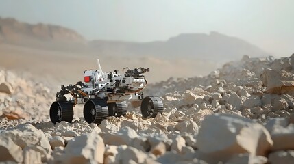 Fototapete - A rugged autonomous robot equipped with sensors and instruments navigating through a remote rocky desert environment to gather geological data and mineral samples