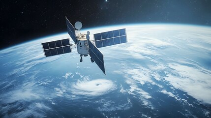 Poster - A satellite in orbit above Earth capturing data and imagery to monitor the planet s surface weather patterns and tectonic plate movements for scientific research and natural disaster prediction