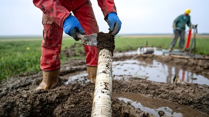 Poster - A scientist in protective gear extracting a soil core sample from the ground for further geological investigation and analysis