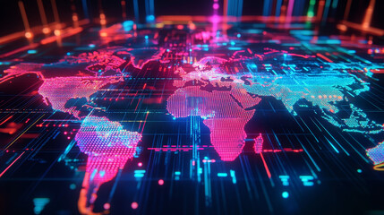 Poster - Abstract map of continents. Globalization and geopolitics in high-tech world of future. 3D illustration of communications and data exchange in a virtual network. Bright, juicy, neon colors