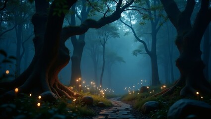 Poster - a mystical forest scene with a path leading into the mist. The scene evokes a sense of wonder and tranquility with a path and glowing lights in the dark forest