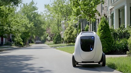 Aufkleber - A self driving delivery vehicle using lidar sensors to safely traverse a pedestrian friendly neighborhood lined with trees and greenery
