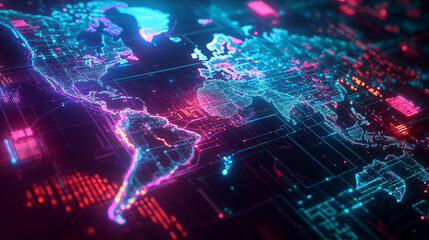 Poster - Abstract map of continents. Globalization and geopolitics in high-tech world of future. 3D illustration of communications and data exchange in a virtual network. Bright, juicy, neon colors