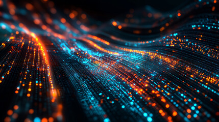 Poster - Visualized data stream. Abstract neon field, fractal elements of digital data and binary code. Full-color 3D illustration on a dark background