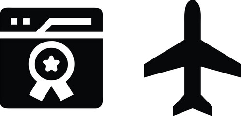Airplane and reward icon in silhouette style 