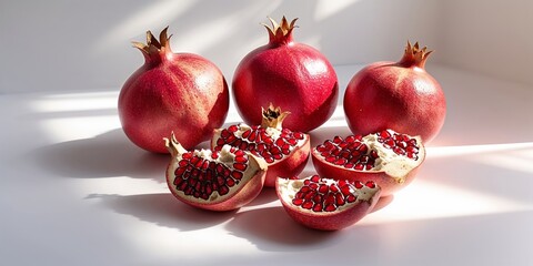 Poster - fresh pomegranates cut open, revealing juicy seeds in bright sunlight on a white surface