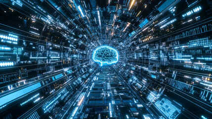 Poster - AI, digital mind. Futuristic CPU on a fantastic high-tech background. Cyber technology concept and digital data fractals 3D illustration