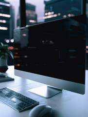 Poster - Modern Desk Setup: A sleek desk arrangement with a computer monitor, keyboard, and mouse, set against a backdrop of a cityscape. 