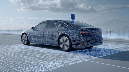 Poster - A sleek modern concept design for an autonomous electric vehicle equipped with advanced sensor technology for real time decision making and navigation in urban environments