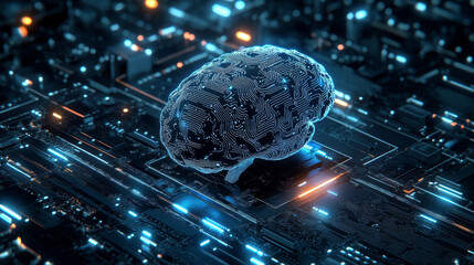 Poster - Artificial Intelligence. Computer mind. Futuristic Data center. Quantum processor abstract concept 3d illustration. Digital Brain and Future Technologies