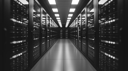 Fototapete - Data Center Interior: A sleek, black and white interior of a modern data center, showcasing rows of servers illuminated by overhead lights, representing the core of digital infrastructure.