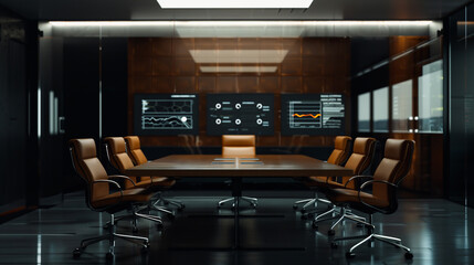 Poster - executive boardroom: a modern boardroom with a large wooden table, leather chairs, and advanced tech