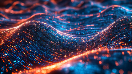 Poster - Waves of computer code. Binary code big data. Information field, binary code, data encoding, data flow, digital security. Internet technology 3d illustration