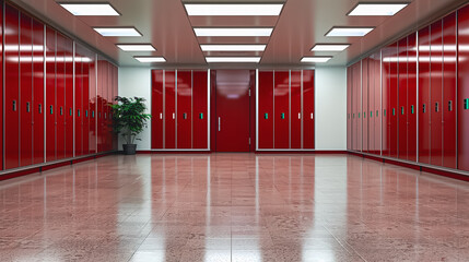 Poster - Red Lockers Corridor: A striking corridor lined with vibrant red lockers and doors. The symmetrical design and bright lighting create a modern and inviting atmosphere.