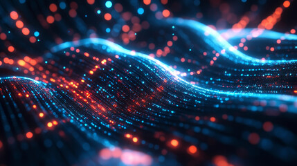 Poster - information waves, analytics data, field of successive points, data flow, neon light, cyber structur