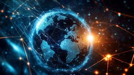 Poster - Futuristic CPU. Quantum processor in the global computer network. 3d illustration of digital cyberspace with HUD element