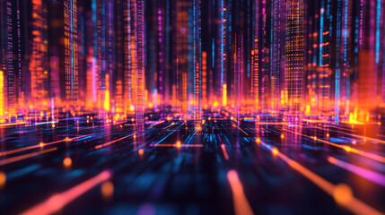 Poster - information waves, analytics data, field of successive points, data flow, neon light, cyber structur