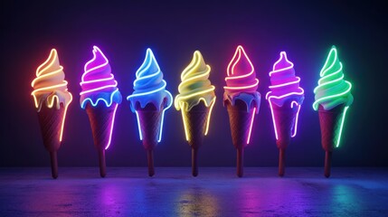 Poster - Seven colorful ice cream cones with bright glowing neon lights