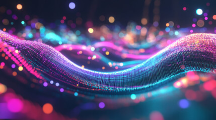 Poster - Information waves, analytics data, field of successive points, data flow, neon light, cyber structure of computer systems 3D illustration