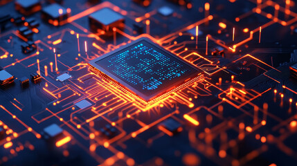 Poster - Artificial intelligence. Digital mind. Wireless network technology. 3D illustration of an innovative processor in the global cyberspace of the future