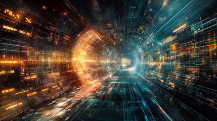 Poster - Futuristic CPU 3d illustration. Quantum processor in global database.  Digital cyber space and artificial intelligence
