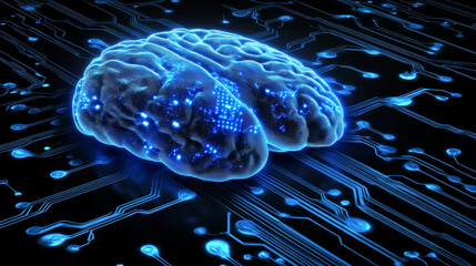 Poster - Blockchain technology, futuristic microcircuit. Motherboard, neural network and cyber technology. Binary code in cyberspace. Analysis and processing of data 3D illustration