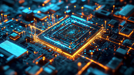 Poster - AI concept, sci-fi. Nanotechnological cocoon, futuristic processor in microcosm. High-tech and nanostructure development. 3d illustration of abstract neural networks in global cyberspace